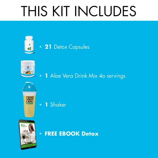 Yes You Can! Detox Kit- Includes Detox YYC! 1 Capsules Bottle, 1 Aloe Vera Drink Mix, & 1 Water Bottle, Body Cleanse Kit, Daily Cleanse and Proper Hydration with Vitamins - (Peach Lemonade)