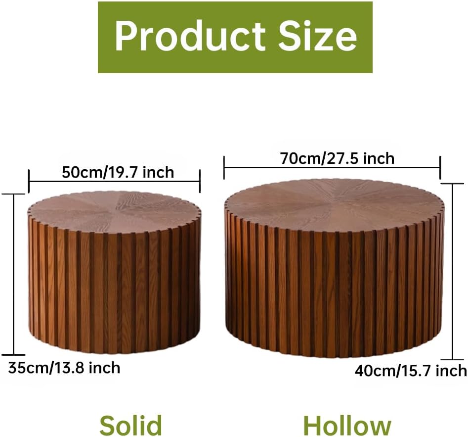 Round Nesting Coffee Table Modern Walnut Fluted Coffee Table Set of 2 Stripe Round Coffee Table Circle Drum Coffee Tables for Living Room (Walnut Large)