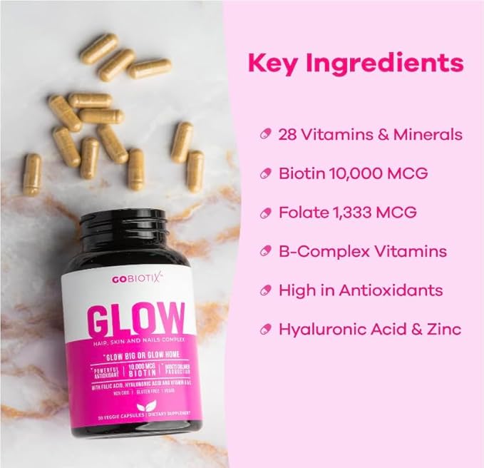 Glow Vitamins - Hair Skin and 10,000mcg Biotin 180 Capsules