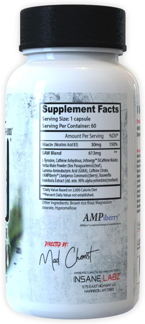 Insane Labz Saw®, High Potency Fat Burner, Thermogenic Weight Loss Supplement and Appetite Suppressant with L-Tyrosine, Yerba Mate, GABA and Alpha Yohimbine, 60 Srvgs