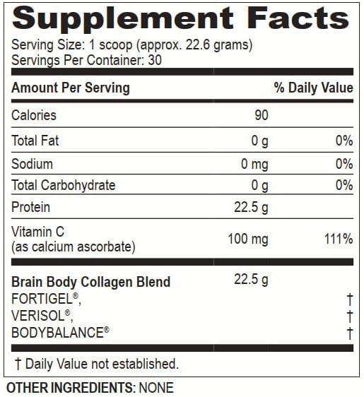 Brain Body Unflavored Collagen Peptides Powder 30 Servings 678 Grams 22 Grams