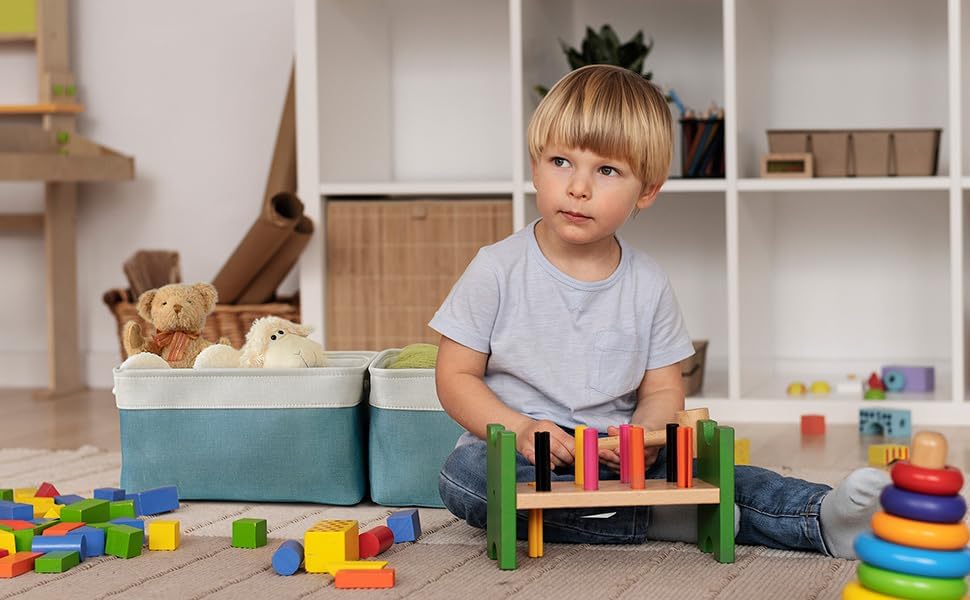 TheWarmHome Fabric Storage Bin with Handles,Storage Basket for Home Storage and Organization, Shelf Basket with Cover for Living Room Bedroom Closet(White & Green Large,15.7L*11.8W*8.3H