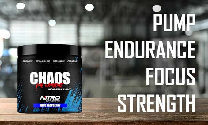 Nitro Supplements - Chaos - Non Stim Pre-Workout (30 Sevings) Beta-Alanine, L-Citrulline, Arginine, Creatine, Taurine Stim-Free Non-Stimulant (30 Servings, Blue Raspberry)
