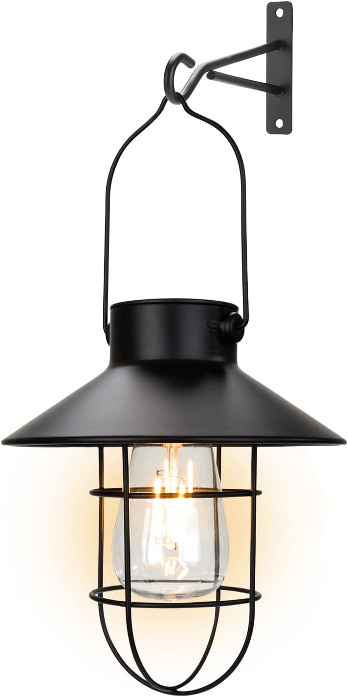 pearlstar Solar Lanterns Outdoor Metal Solar Powered Hanging Lights Waterproof for Wall Yard Garden Patio Garage Balcony Porch Fence Decor, Warm White Edison Bulb,with Wall Mount Kit(Black-1pack)