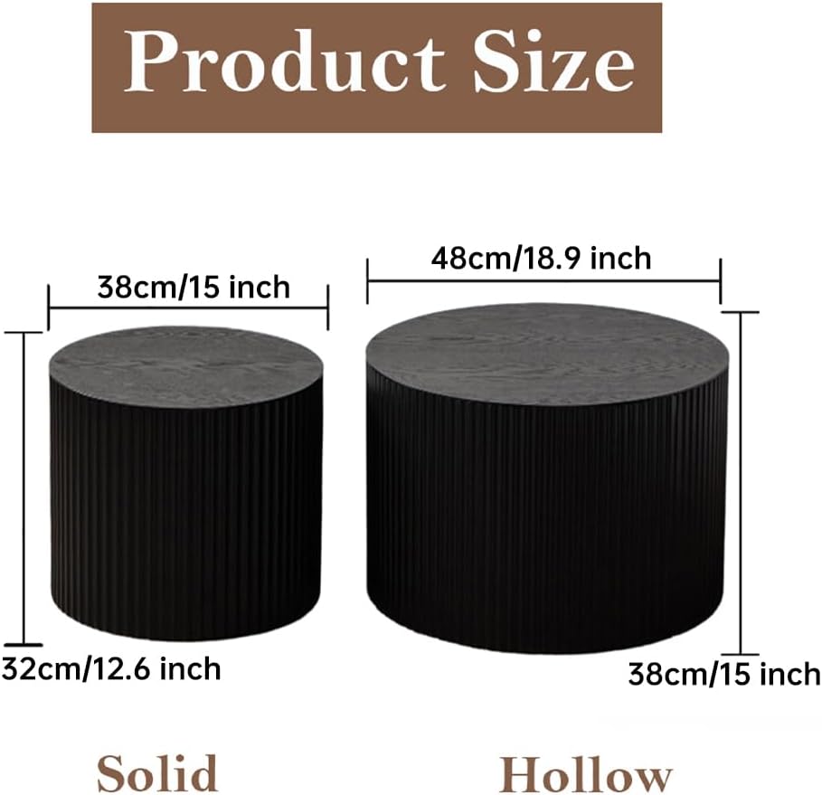 Round Nesting Coffee Table Black Round Fluted Coffee Table Set of 2 for Living Room Small Circle Drum Nested Coffee Tables (Black A 18in)