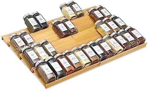Spice Drawer Organzier,4 Tiers- 8Pcs Bamboo Spice Rack Tray Insert for Cabinet Drawer Countertop, Kitchen Seasoning Storage Drawer Organization,22" Wide x 15.8" Deep (Hold UP To 48 Jars