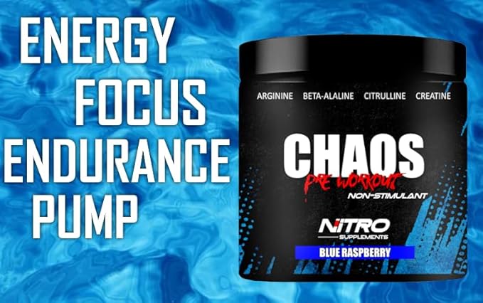 Nitro Supplements - Chaos - Non Stim Pre-Workout (30 Sevings) Beta-Alanine, L-Citrulline, Arginine, Creatine, Taurine Stim-Free Non-Stimulant (30 Servings, Blue Raspberry)