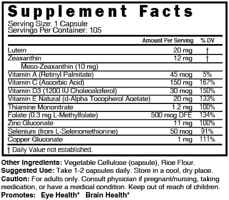 Nutri Lutein 20mg Eye Vitamins Complex A,C,D3,E, Folate 60 Capsules