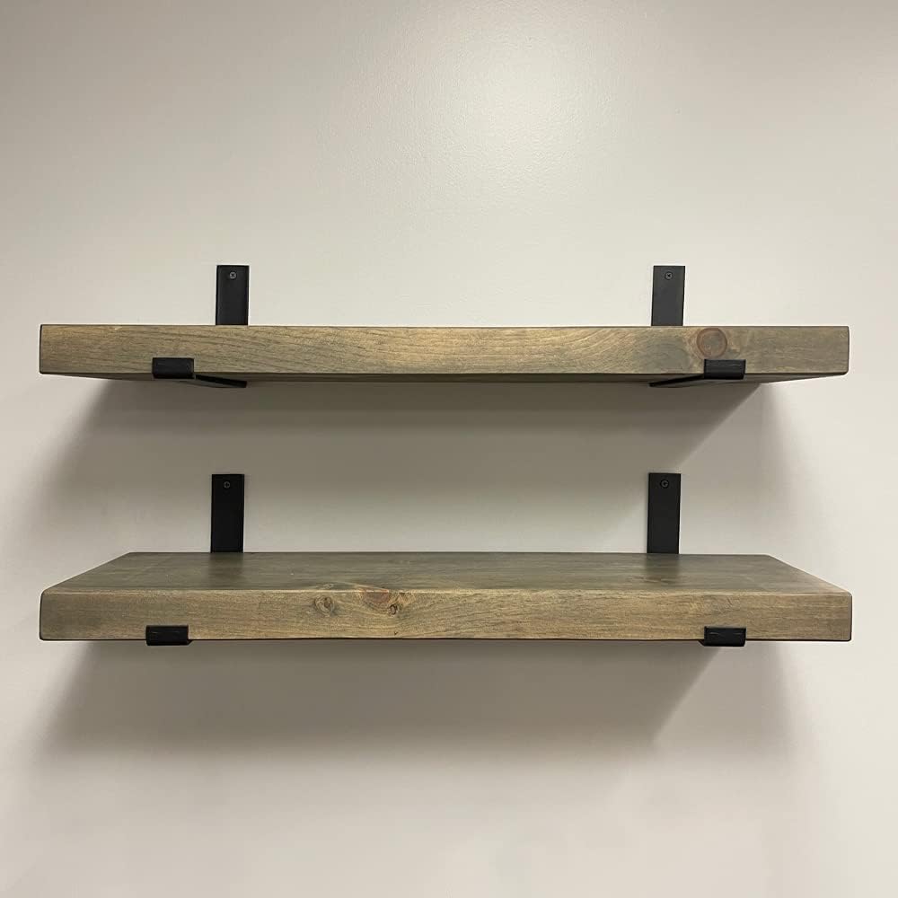Rustic Shelves with J-Brackets Set of 2, Industrial Shelf, Kitchen Shelves, Solid Wood, Decorative Wall Storage, Heavy Duty, URBANDI (Grey, 12Wx6D)