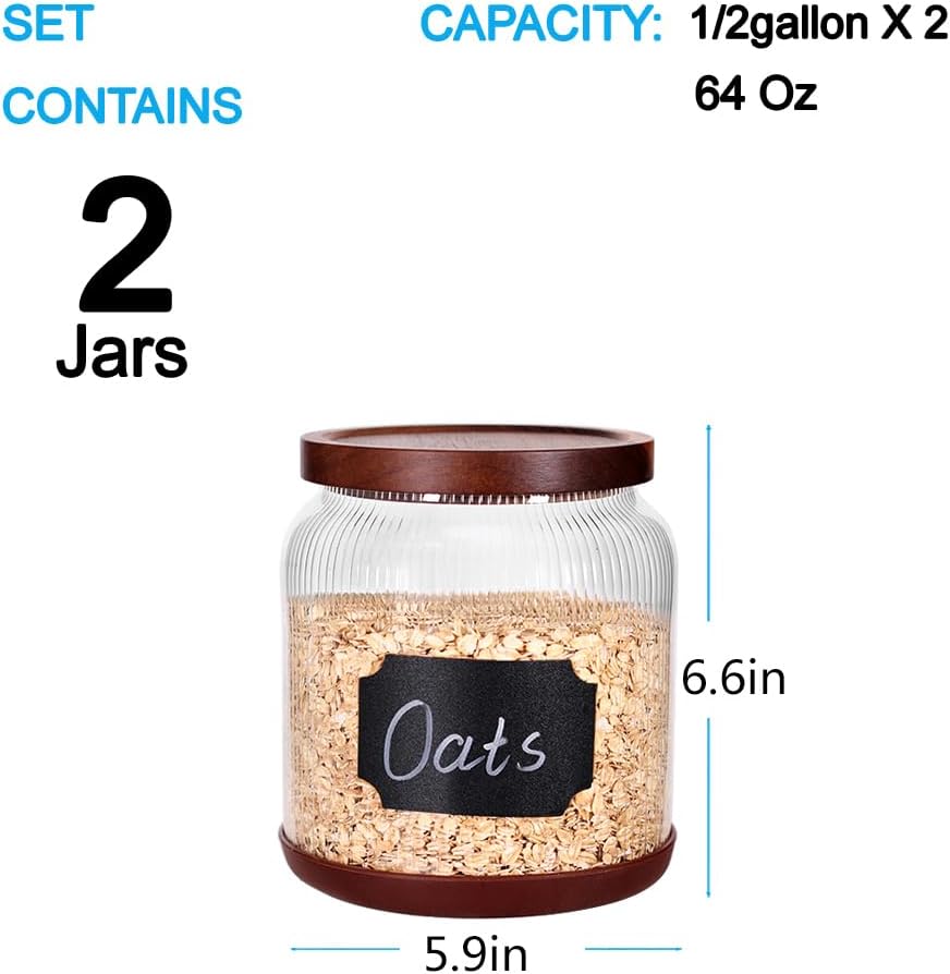 SAIOOL 2-Pack Striped Borosilicate Glass Airtight Canisters - Big mouth Large Capacity, Acacia Wood Lid, Food Storage Jars for Flour, Pasta, Pantry Organization (1/2 Gallon (Striped 2 pack))