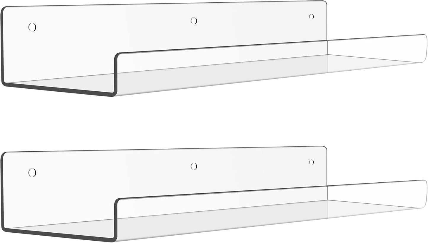 upsimples Acrylic Shelves for Bathroom Storage, 15" Floating Shelves Wall Organizer for Perfume, Make up, Skincare, Kids Bookshelf for Bedroom, Nursery, Living Room Decor, Clear, 2 Pack
