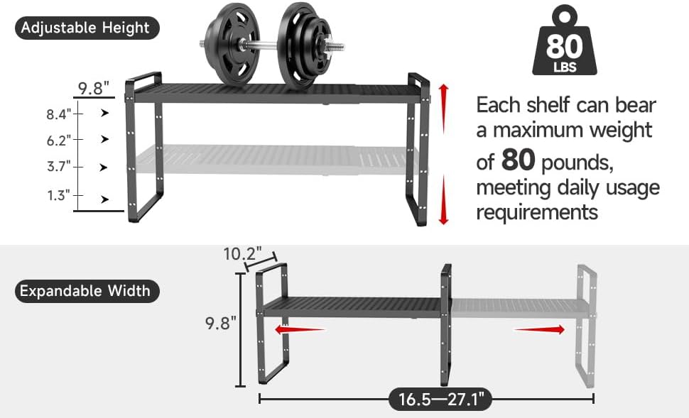 Hole Pattern Expandable Shelf Organizer,1Pack 8.1" Wide Easy to Assemble Cabinet Organizer Shelf, 16.5~27.1" Adjustable Height&Stackable Spice Organization for Cupboard, Black