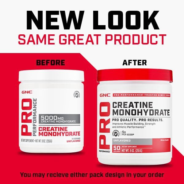 GNC Pro Performance Creatine Monohydrate Powder | Science-Backed | Improves Muscle Building, Strength and Athletic Performance | Banned Substance Free | 50 Servings