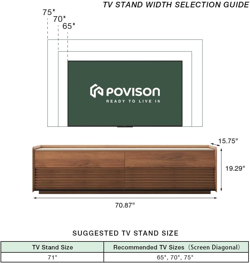 POVISON Fully-Assembled Mid Century Matte Sintered Stone TV Stand, 70.87" Wood Media Console with Adjustable LED Light, Entertainment Center with Storage for Living Room