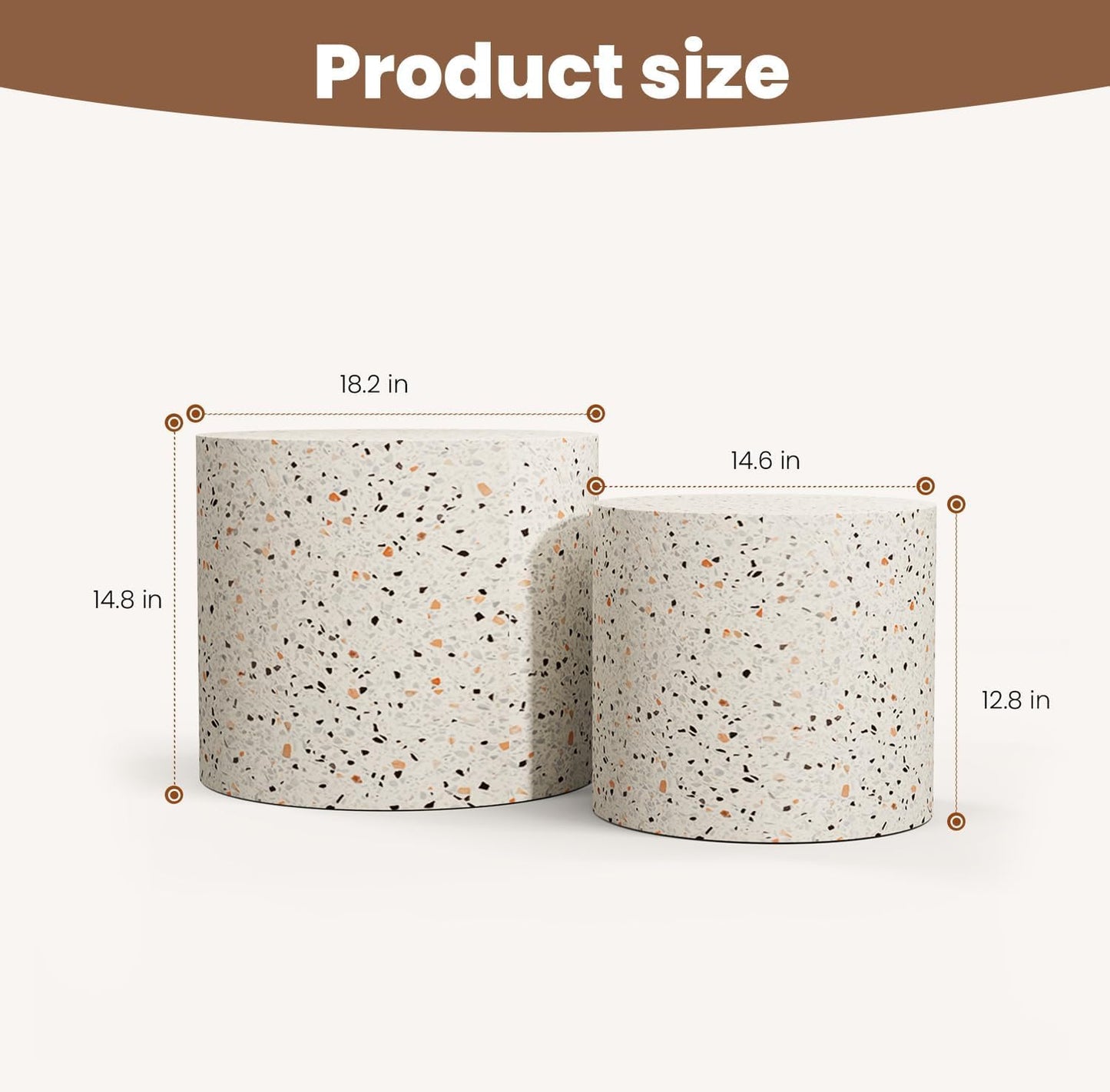 Round Nesting Coffee Table Set of 2 Modern Wood Coffee Tables Handcraft Drum Coffees Table Farmhouse Round Sofa Side Tables End Table for Living Room Small Spaces (Terrazzo)