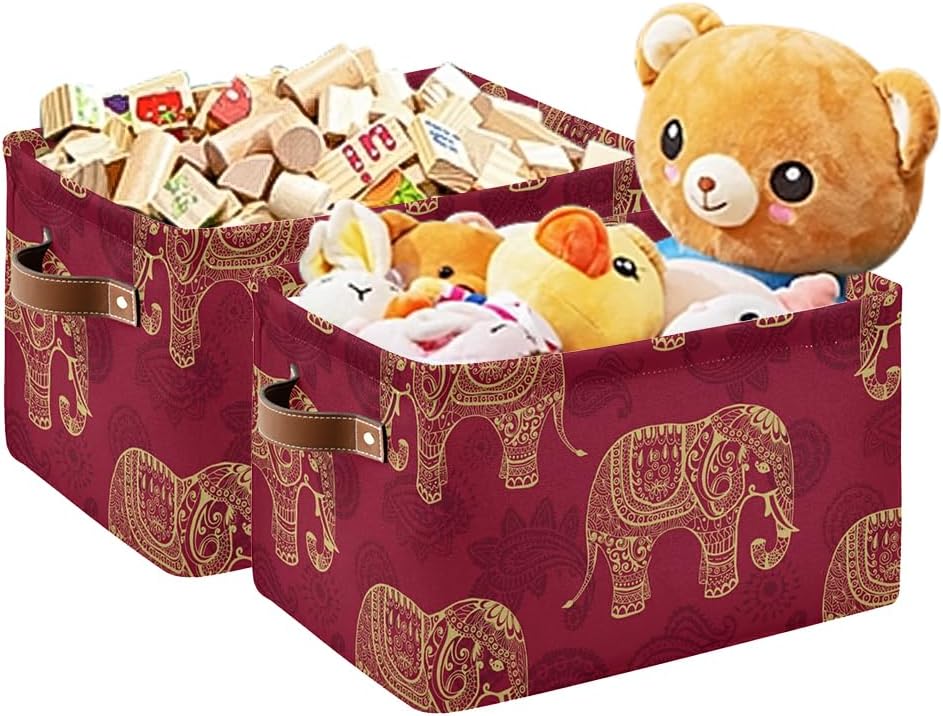 susiyo Foldable Storage Bins Large Collapsible Fabric Storage Baskets with Leather Handles Organizing Box for Shelves Home Bedroom Nursery Office 2 Pack,Indian Tribal Elephants