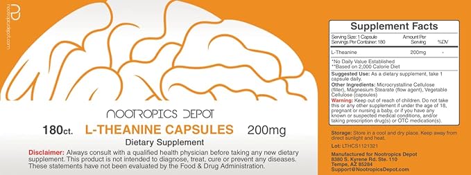 Nootropics Depot L-Theanine Capsules 200mg (180 Count) | Promotes Relaxation | Supports Healthy Stress Levels + Sleep Cycles | Promotes Cognitive Function + Focus | Amino Acid Supplement