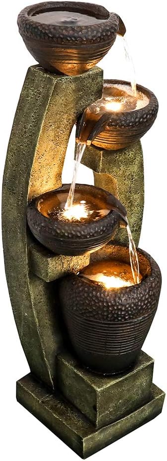 Naturefalls 40” H Modern Outdoor Fountain - 4 Crocks Outdoor Garden Fountains with Contemporary Design&LED Light for Garden, Patio, Deck, Porch, Backyard and Home Art Decor (40in, Light Gray)