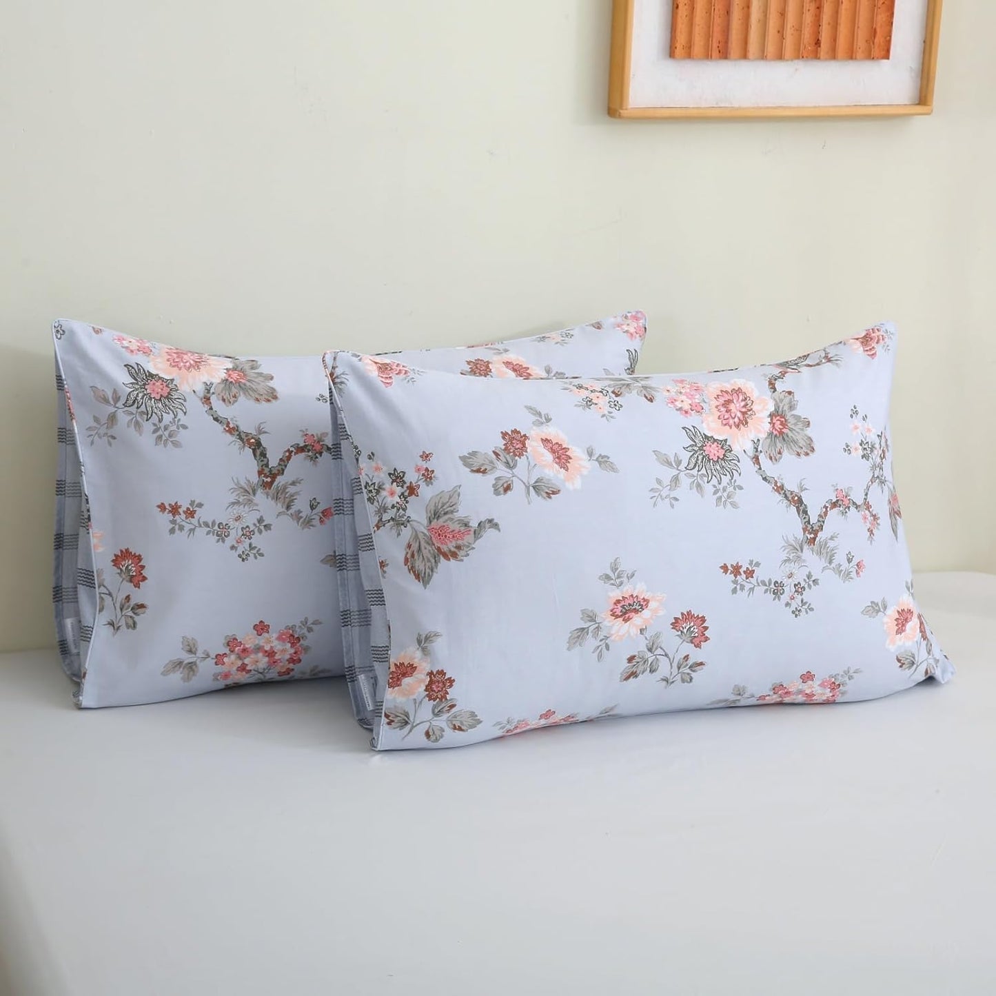 ABREEZE Floral Duvet Cover King Size Set Bird Flowers Bedding Set 100% Brushed Cotton Bedding Collection 1 Duvet Cover with 2 Pillowcases Grey