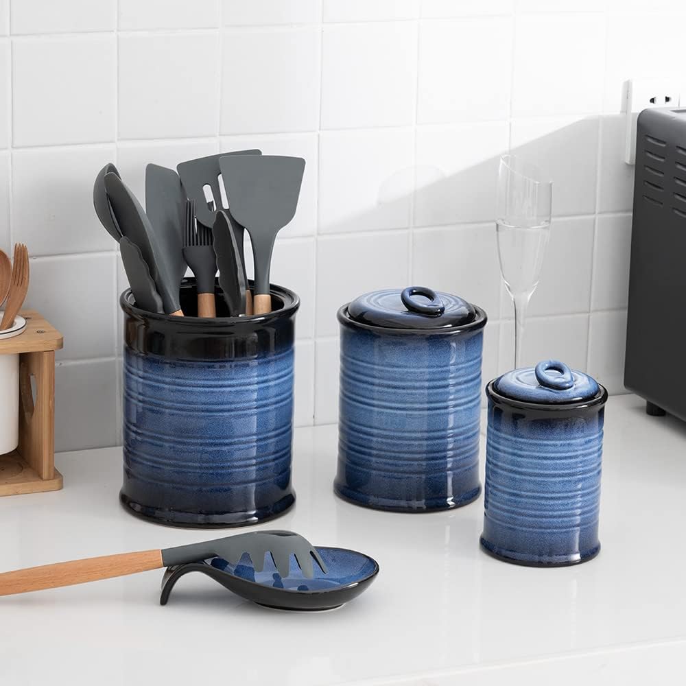 Nihow Food Storage Jar Sets: Ceramic Container with Air Tight Lid for Flour/Sugar/Rice/Coffee/Cookies/Candy - Seal Damp-proof Canister for The Kitchen Counter - Set of 4 (Blue & Black)