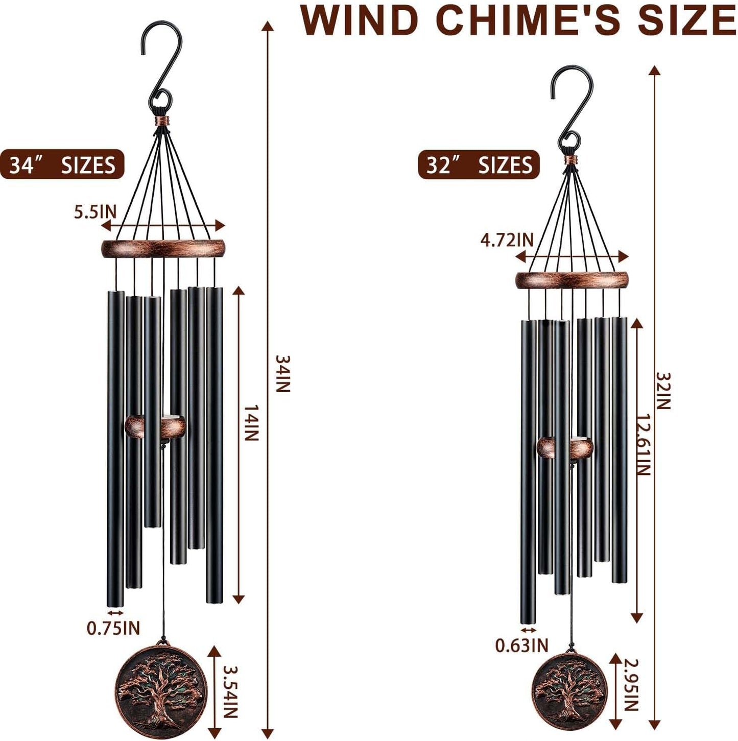 Wind Chimes for Outside, Tree of Life Deep Tone Vintage Wind Chime Outdoor Clearance, Sympathy/Memorial/Festivals/Birthday Gift for Mom Dad Grandma, Home Garden Decor (34" Tree of Life)