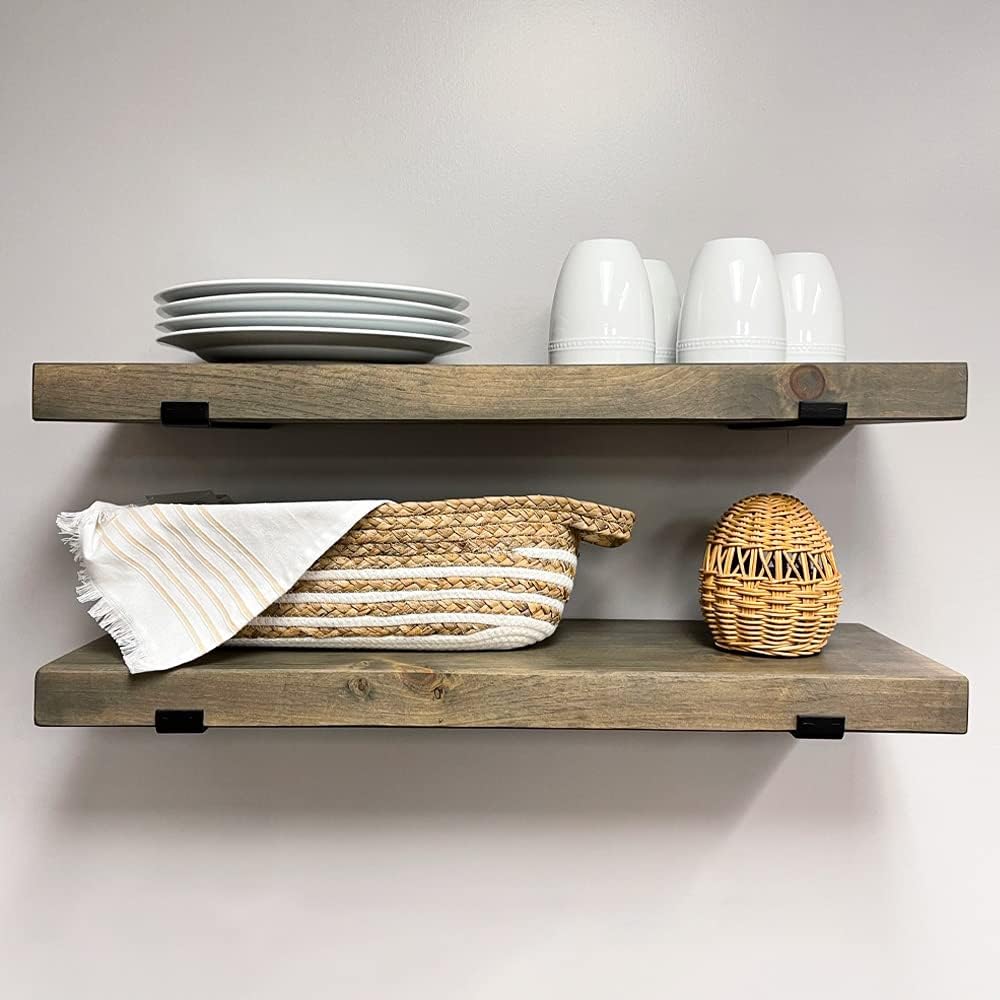 Rustic Shelves with J-Brackets Set of 2, Industrial Shelf, Kitchen Shelves, Solid Wood, Decorative Wall Storage, Heavy Duty, URBANDI (Grey, 12Wx6D)