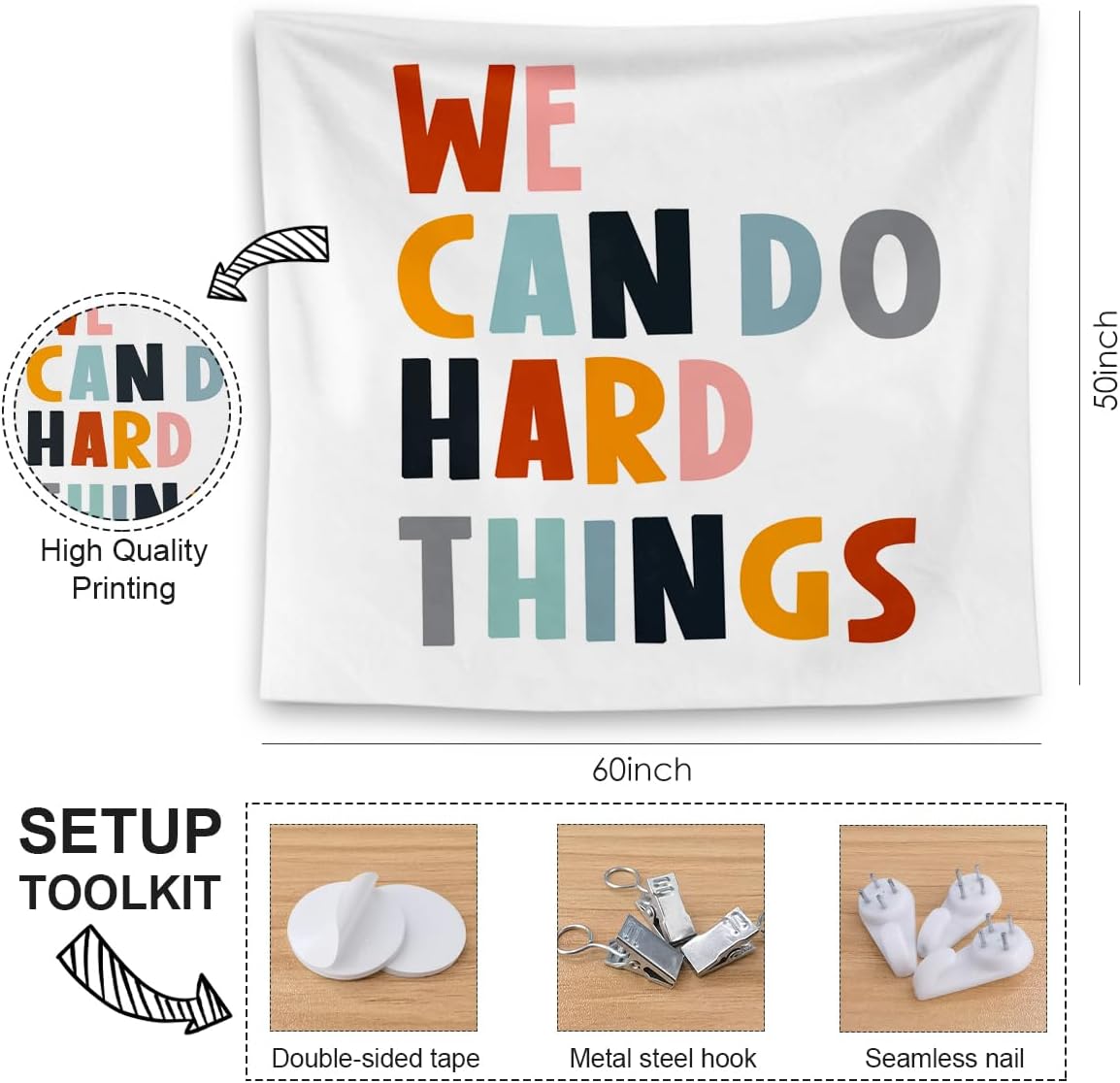 QGFM We Can Do Hard Things Inspirational Tapestry, Boho Classroom Decor, Inspirational Wall Decor, Motivational Tapestry Wall Hanging for Classroom Nursery Kids Room Playroom Decor, 50x60 Inches