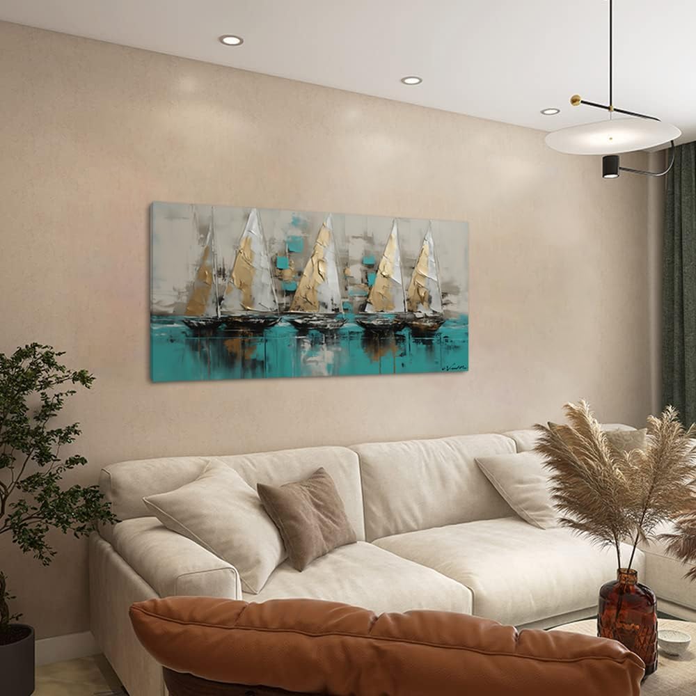 LASMOND Framed canvas wall art Large Boats for living room Nature bedroom Decor Ocean landscape sailboat Canvas painting Ready to Hang Office Home Decoration sea poster Pictures(20x40 Inches)