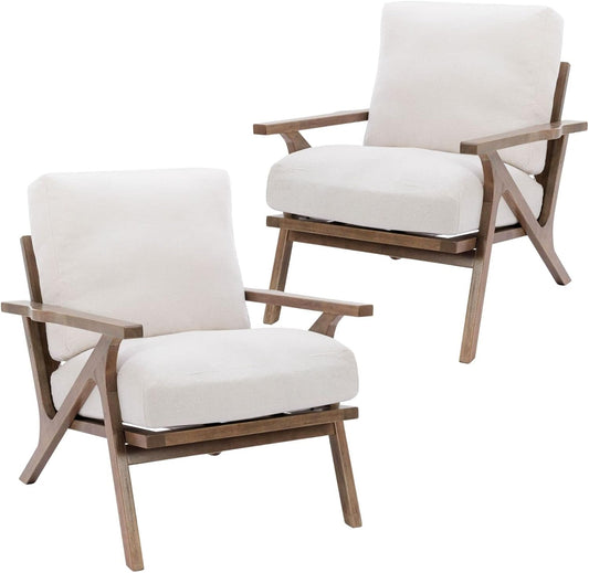 HNY Mid Century Modern Accent Chairs Set of 2, Farmhouse Linen Upholstered Armchair for Living Room, Bedroom, 23'' Seat Wide Retro Leisure Reading Chair Slipper Chair with Wood Frame, White