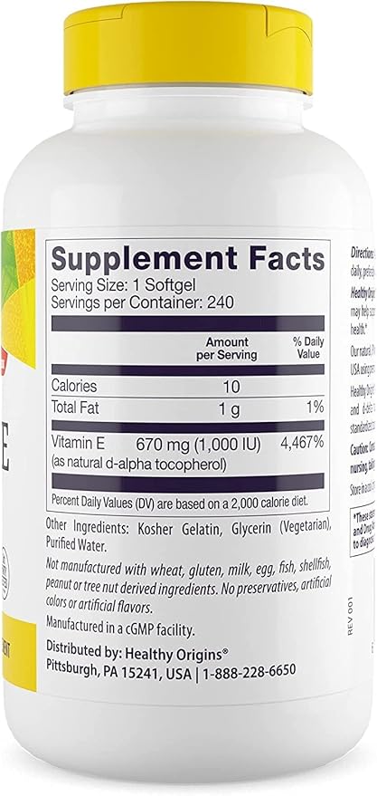 Healthy Origins Vitamin E, 1,000 IU 240 Softgels