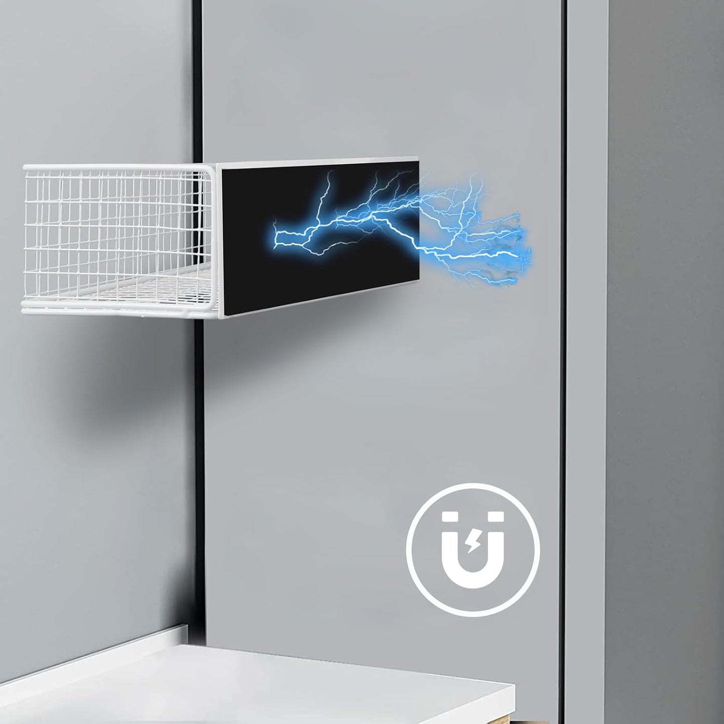 Magnetic Storage Basket, Magnetic Shelf for Fridge,Magnetic Spice Rack Wire Mesh Magnetic Organizer Holder Accessories for Office Kitchen Classroom Storage, White, 13.77" x 5.11" x3.26"