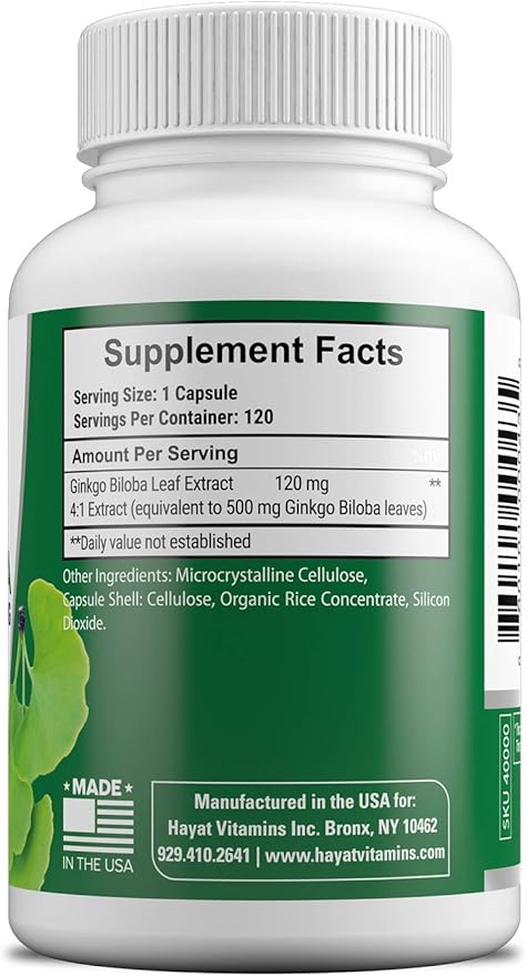 HAYAT Vitamins Vegan Ginkgo Biloba 500 MG 120 Capsules,