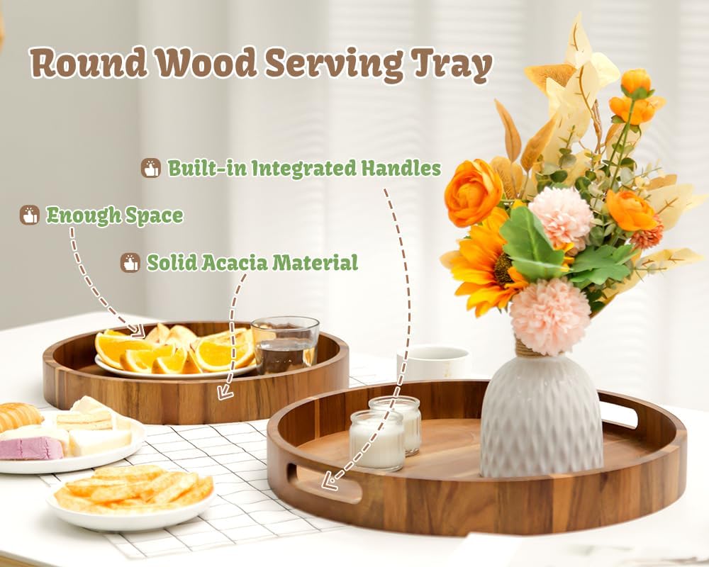 Large Round Wood Serving Tray, Wooden Trays with Handles for Ottoman Table, Vintage Acacia Tray Circle Wood Tray for Indoor Outdoor Organization and Decoration, Including 4 Round Wooden Coasters