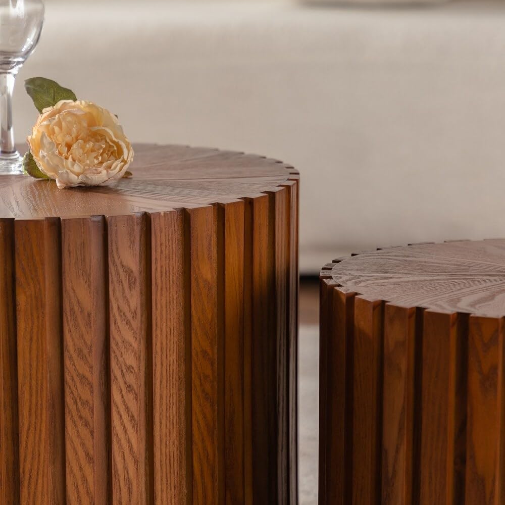 Round Nesting Coffee Table Brown Round Fluted Coffee Table Set of 2 for Living Room Small Circle Drum Nested Coffee Tables (Brown 18in)