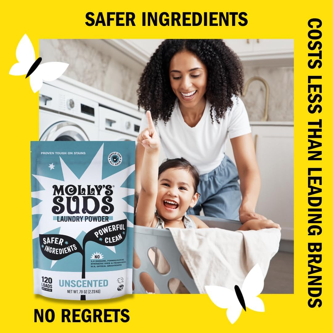 Molly's Suds Original Laundry Detergent Powder | Clean Laundry Detergent Powder for Sensitive Skin | Simple, Effective Ingredients, Stain Fighting | 120 Loads (Unscented)
