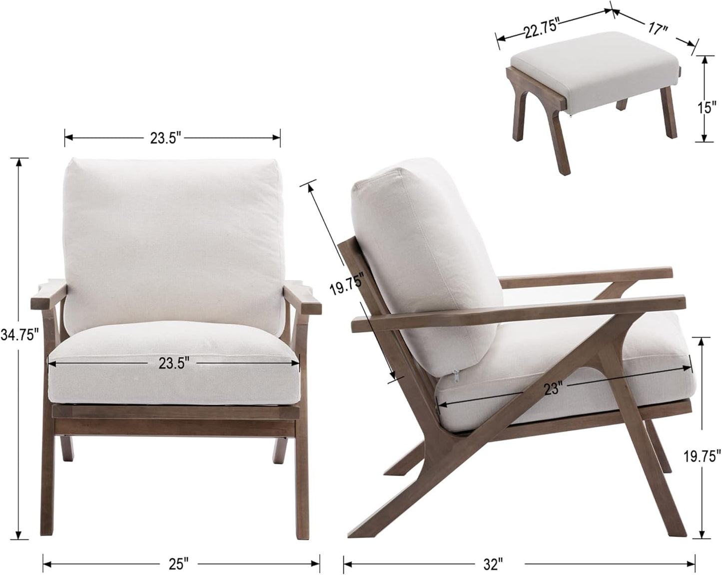 chairus 2 Sets Mid-Century Modern Accent Chairs with Ottoman, Linen Fabric Armchair with Wood Legs Comfy Upholstered Single Sofa Chair for Living Room/Bedroom/Lounge, White