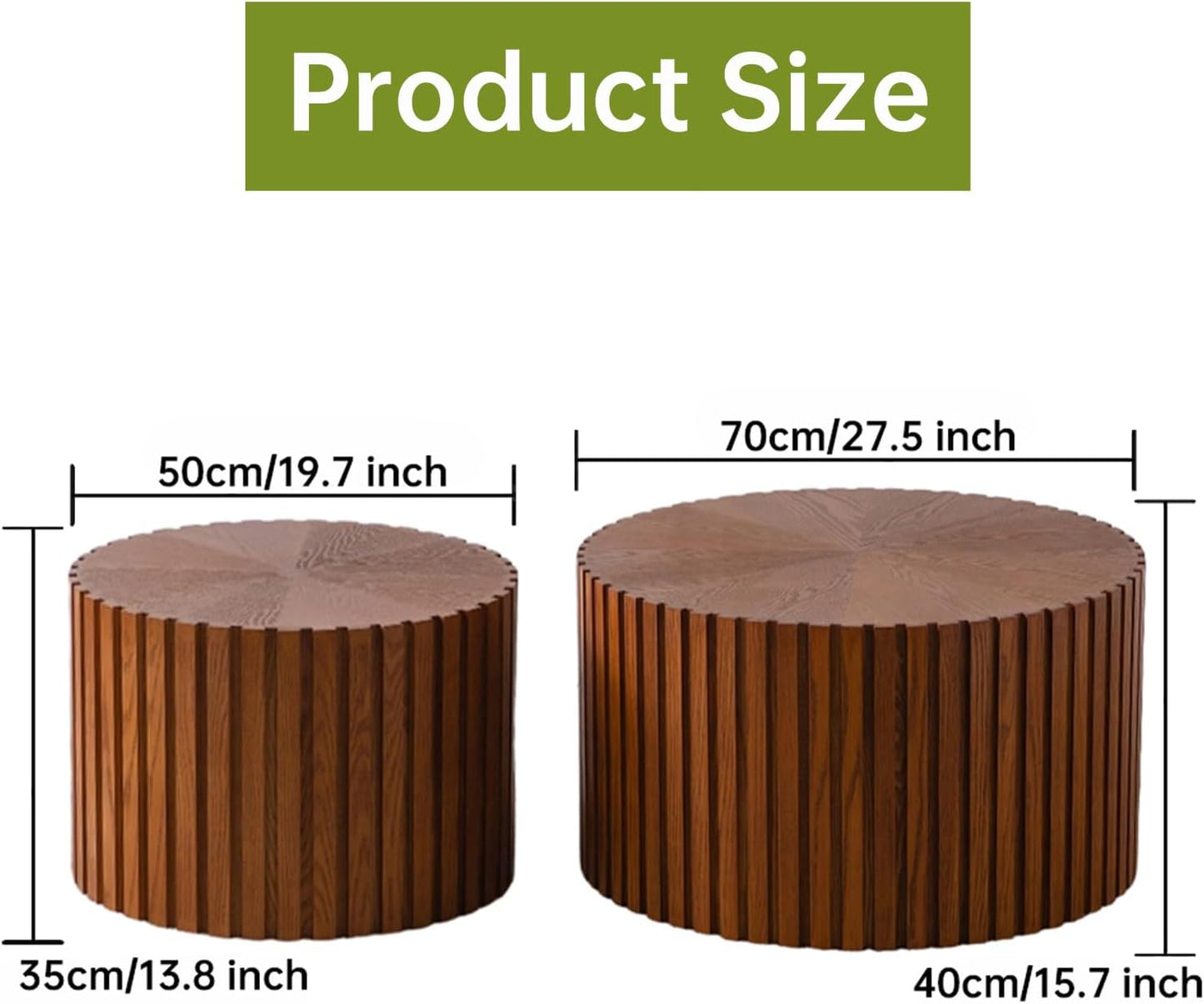 Round Nesting Coffee Table Modern Brown Fluted Coffee Table Set of 2 for Living Room Circle Drum Coffee Tables Round Nesting Tables for Small Spaces (Walnut 27in)