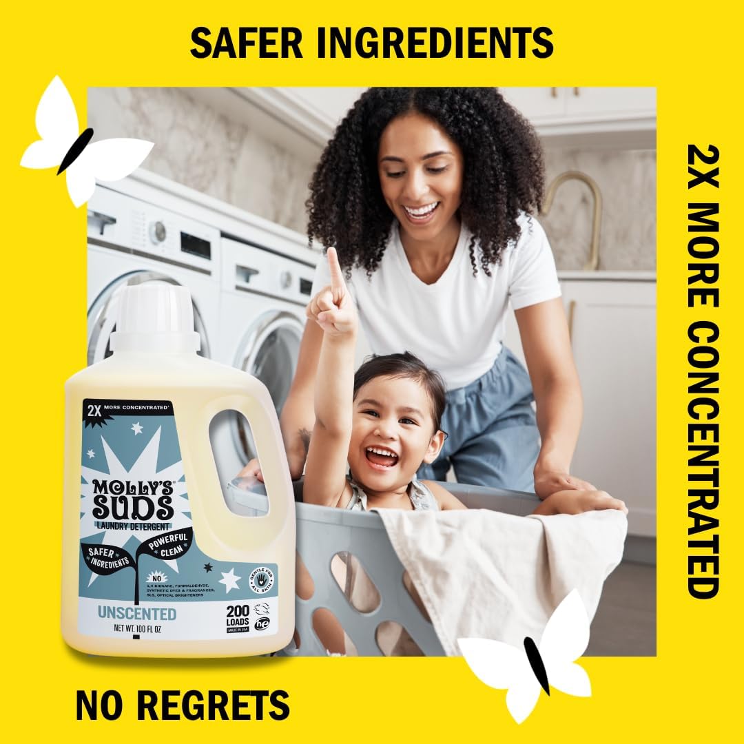 Molly's Suds Liquid Laundry Detergent | Clean Laundry Detergent Soap for Sensitive Skin | 2x Concentrated, High Efficiency (HE) (Unscented - 200 Loads)