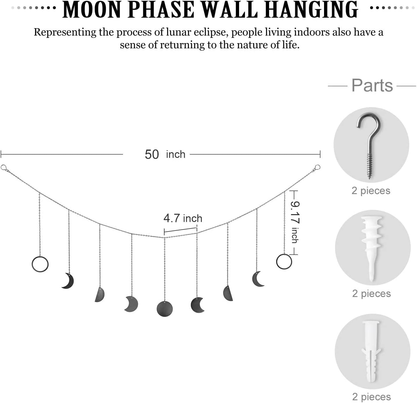 Mkono Moon Phase Wall Hanging Boho Aesthetic Room Decor Metal Moons Garland Hanging Art Bohemian Home Decoration for Girls Room Nursery Bedroom Livingroom Dorm, Ideal, Black, 50"