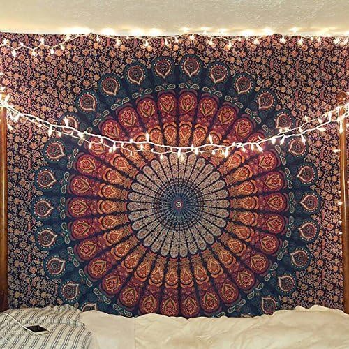 Bless International Handmade Indian hippie Bohemian Psychedelic Peacock Mandala Wall hanging College Dorm Beach Throws Table Cloth Bedding Tapestry (Golden Blue, Queen(84x90Inches)(215x230Cms))
