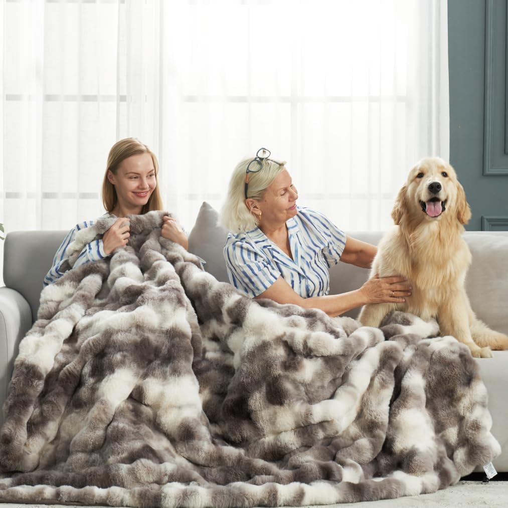 Cozy Bliss Faux Fur Throw Blanket for Couch, Fuzzy Soft Plush Thick Bubble Blanket for Sofa Bedroom Living Room, 90 * 90 Inches Tie Dye Taupe