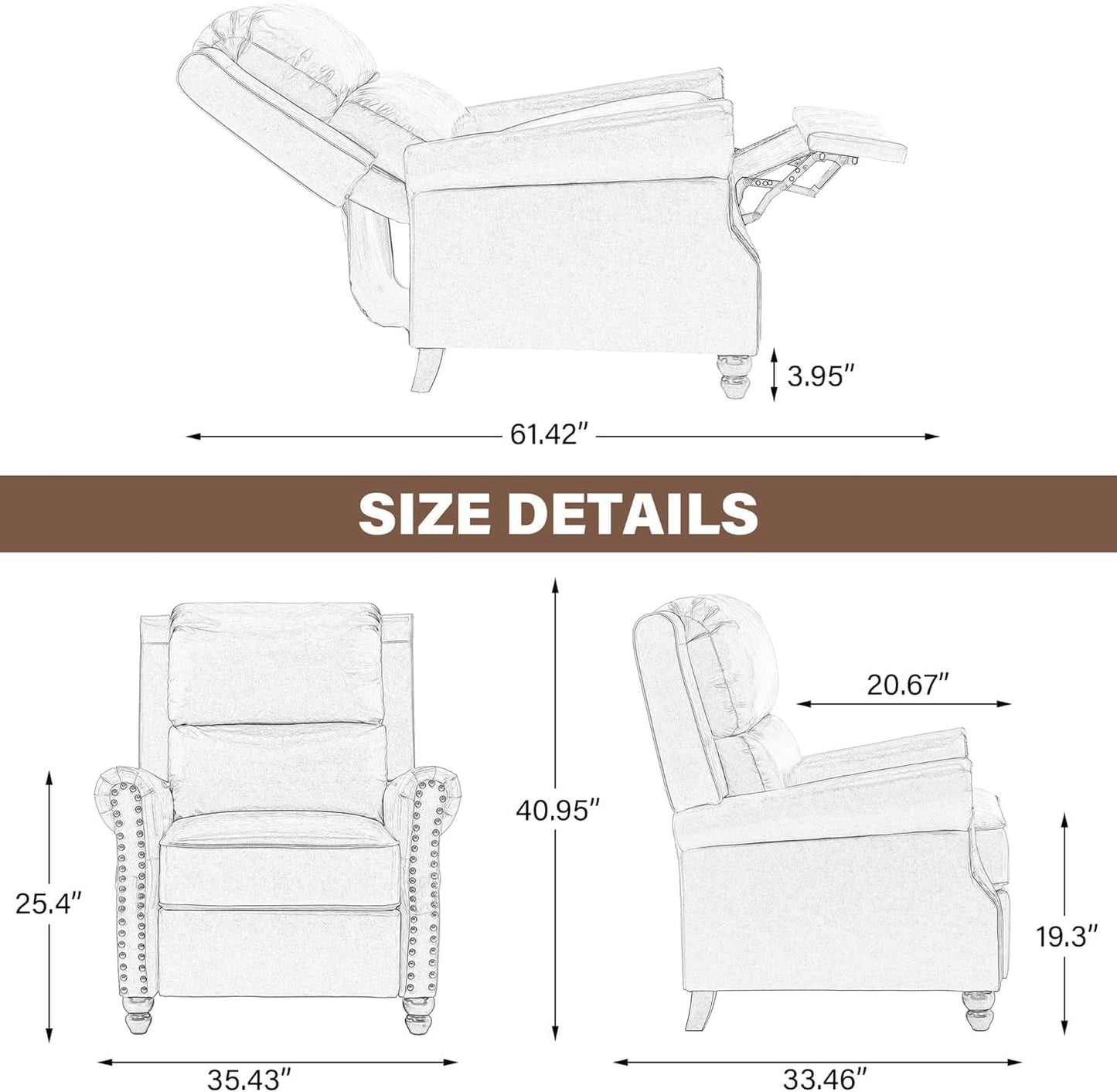 UIXE Pushback Recliner Chairs Set of 2, Fabric Armchair Push Back Accent Chair for Living Room, Rivet Trim Club Chair Overstuffed Home Theater Bedroom Reading Seat - Stripe Gray
