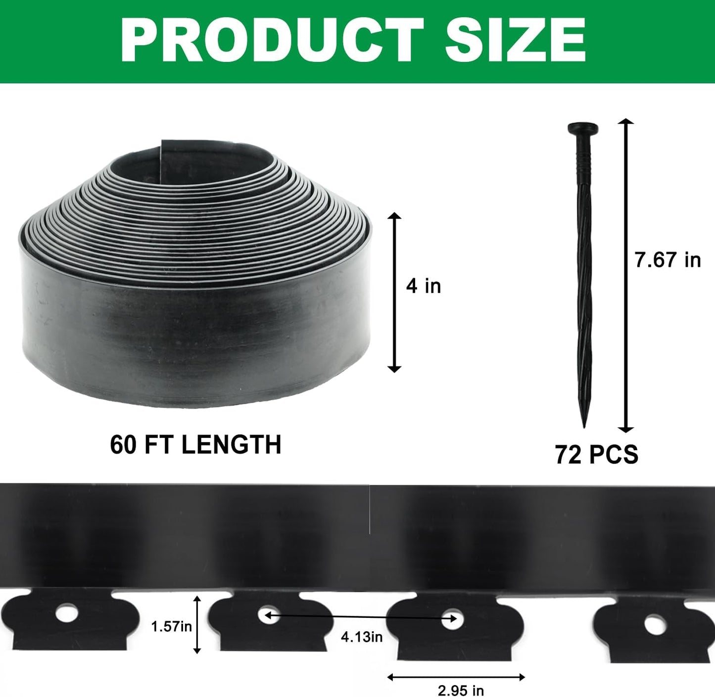 Hugeleaf Landscape Edging Border 60 Feet with 72pcs Spikes, 4inches Flexible Plastic Garden Edging for Landscaping, Lawn, Flower Bed, Yard(Black)