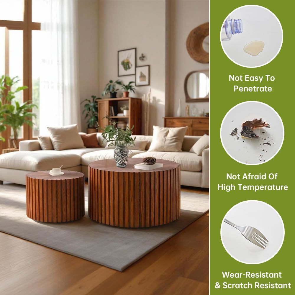 Round Nesting Coffee Table Modern Fluted Coffee Table Set of 2 Stripe Round Coffee Tables Circle Drum Coffee Tables for Living Room (Walnut Small)