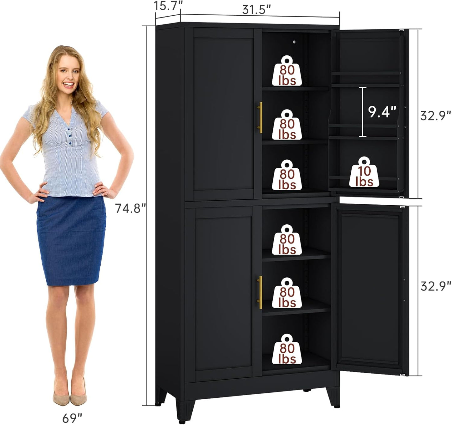 75" H Metal Storage Cabinet, Pantry with 6 Door Shelves and 4 Adjustable Shelves, Leveling Foot for Kitchen, Living Room and Dinning Room, Black