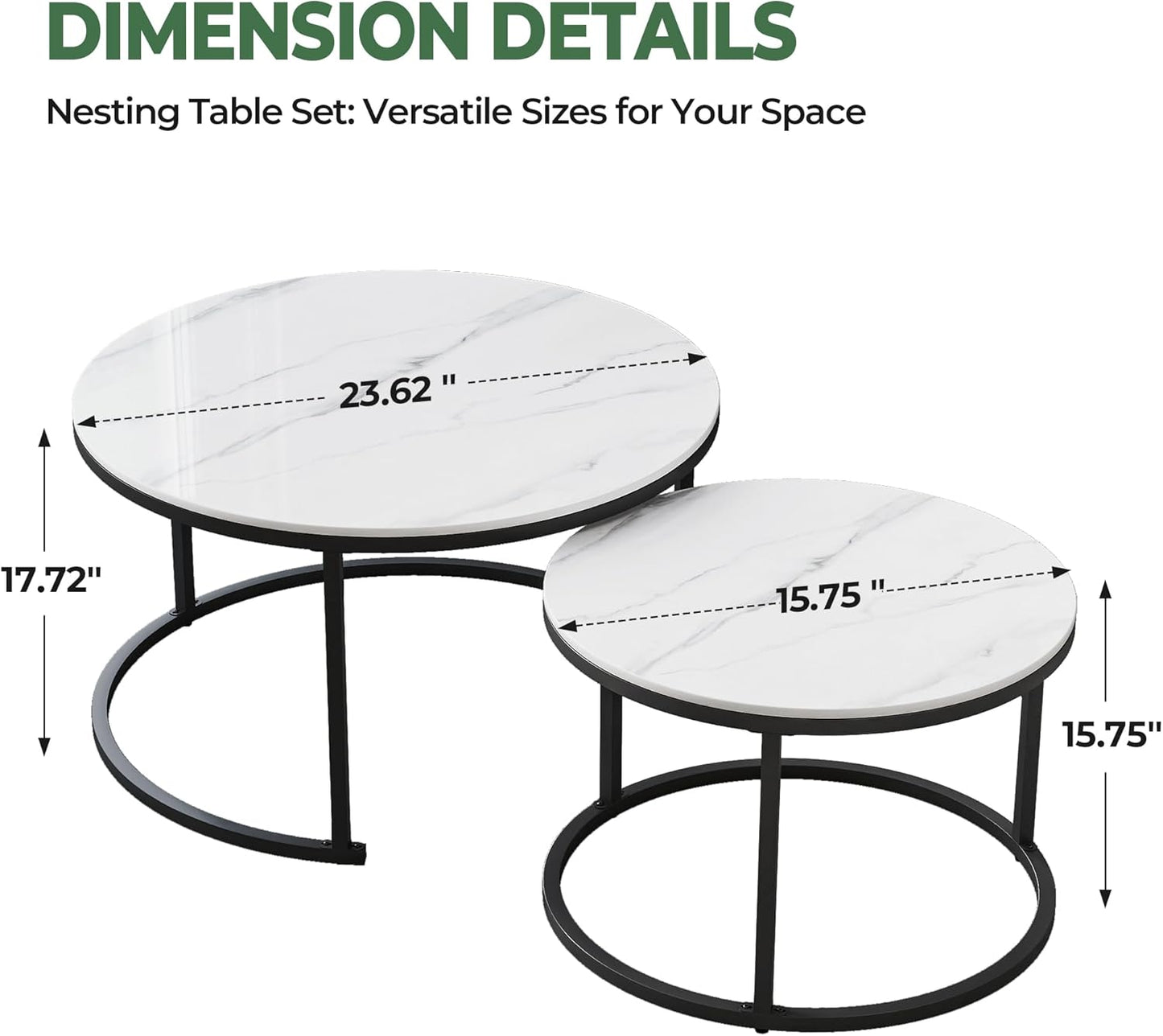 Modern White Coffee Table Set of 2 - Sintered Stone Top & Sturdy Metal Base, fo Living Room Bedroom Apartment