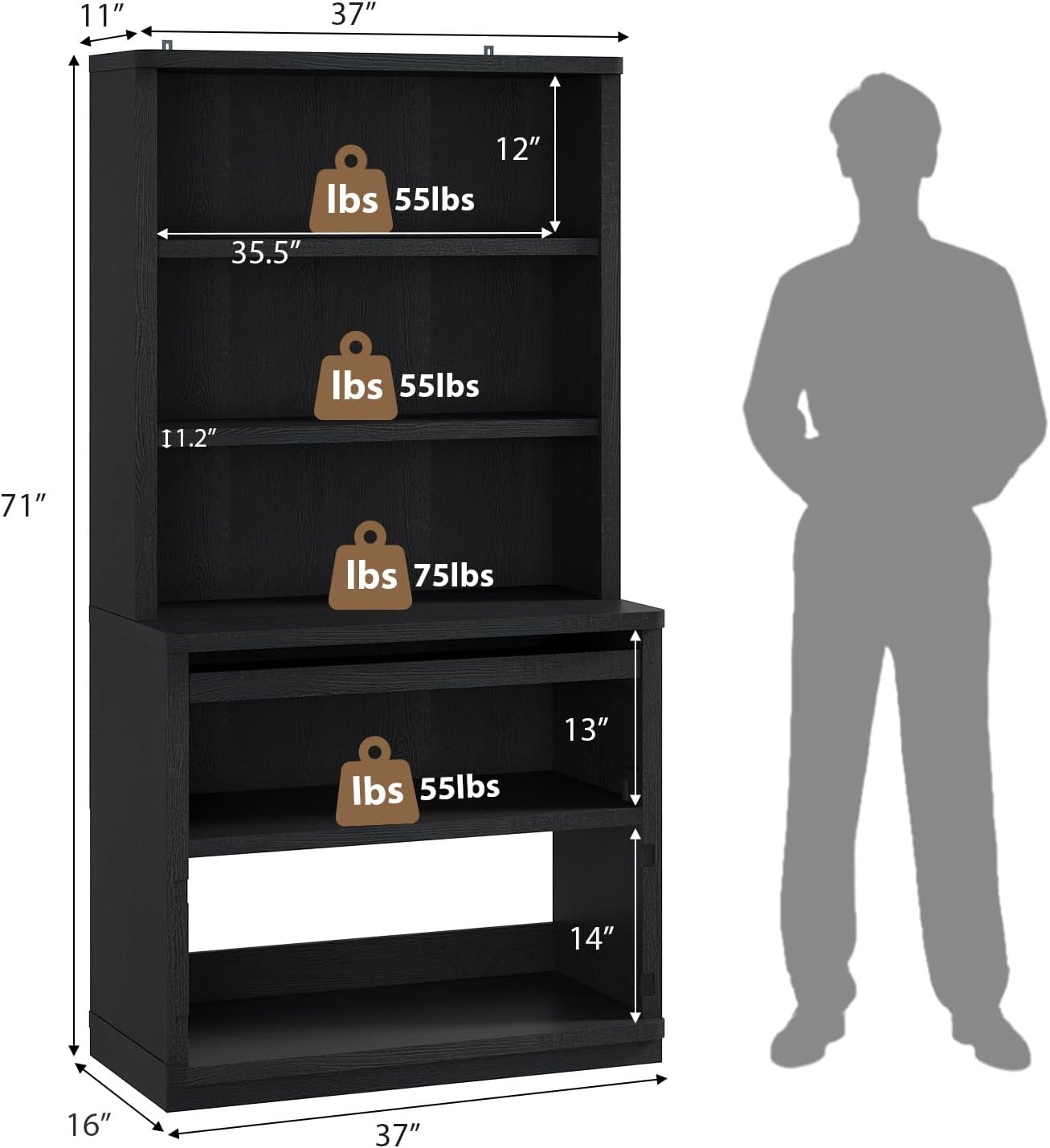 Rresyet 5 Tier Bookcase with Flip-Flop Design, 71" x 37" x 16" Wooden Book Shelf, Extra Bookshelf Storage Organizer, Display Standing Shelf Unit for Home Office, Living Room, Study Room (Black