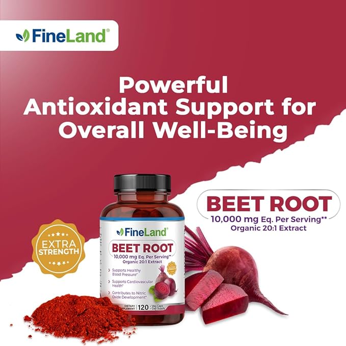 FineLand Beet Root 20x Full Spectrum Eq. to 10,000 mg Per Capsule, Extra Strength, Athletic Cardiovascular Support, Nitric Oxide, Blood Pressure Support, 120 Veggie Pills, 100% Vegan