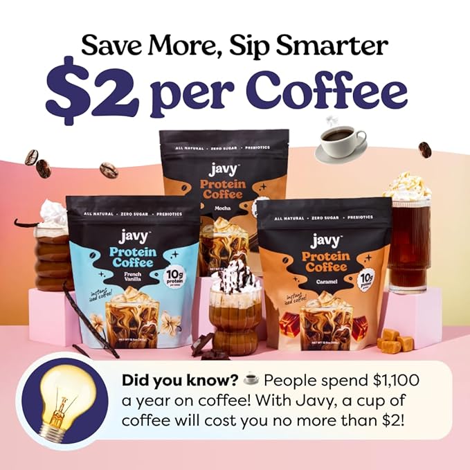 Javy Caramel Protein Coffee - Premium Whey Protein & Instant Iced Coffee - 100% Arabica Coffee - Zero Artificial Flavors & Sweeteners, 6 Servings