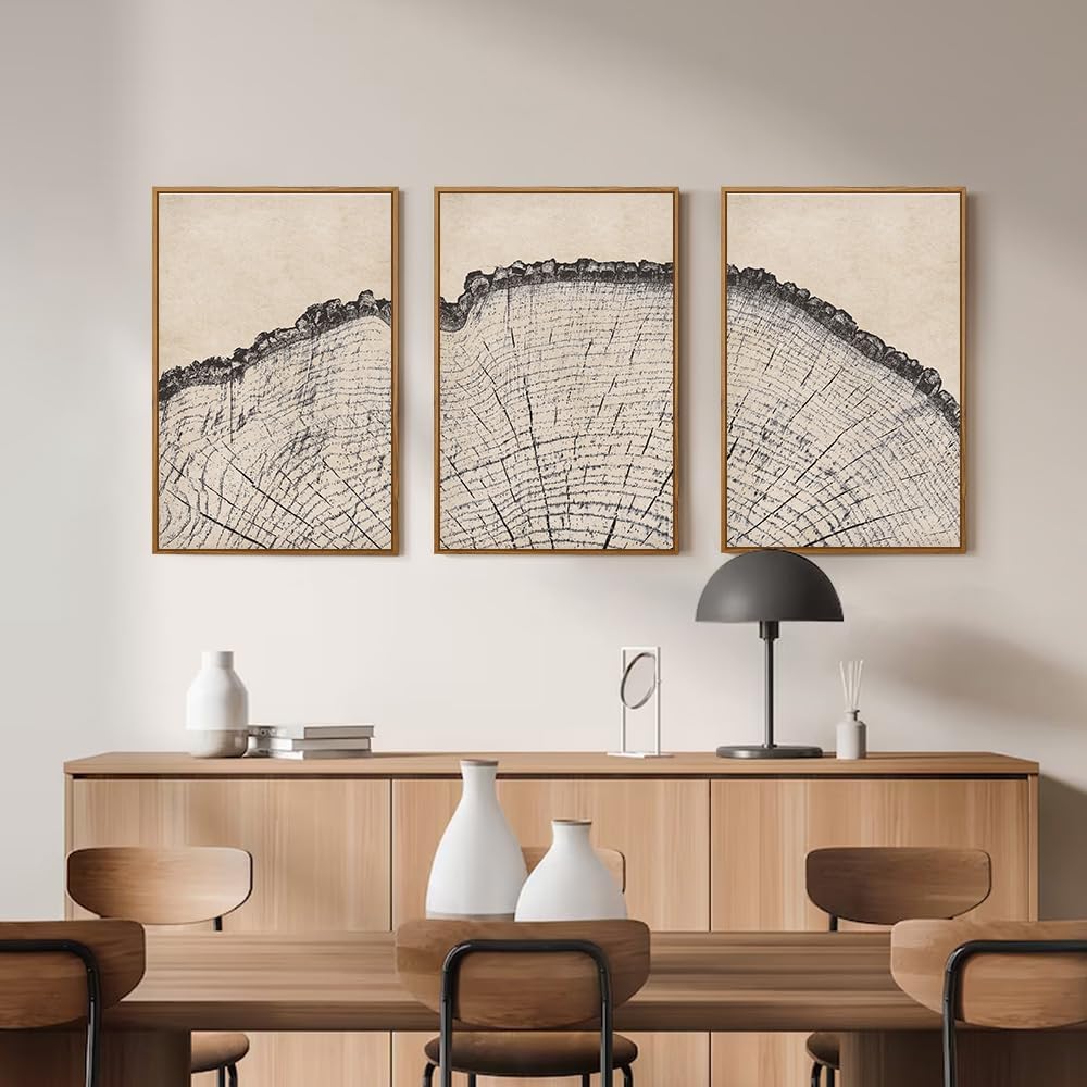 HPINUB Vintage Wood Tree Rings Wall Art Set, Framed Canvas Paintings, Black and White Nature-Inspired Decorative for Modern Home Decor for Living Room, Bedroom, Dining Room, Office- 24"x36"x3